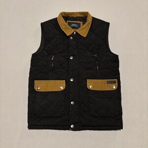 Polo Ralph Lauren Quilted Vest Mens Medium Black Corduroy Collar Snap Zip